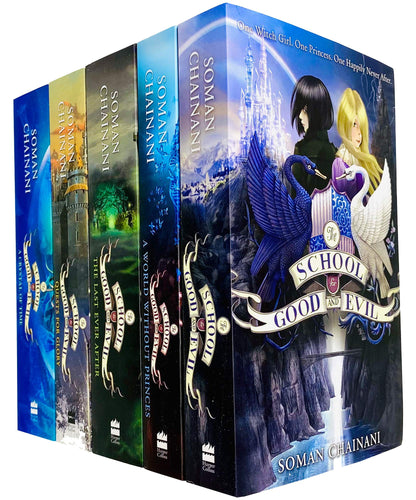 The School for Good and Evil Book Series Books 1 - 5 Collection Set by Soman Chainani (School for Good and Evil, World Without Princes, Last Ever After, Quests for Glory & Crystal of Time) (Paperback) Children's Books Happier Every Chapter   