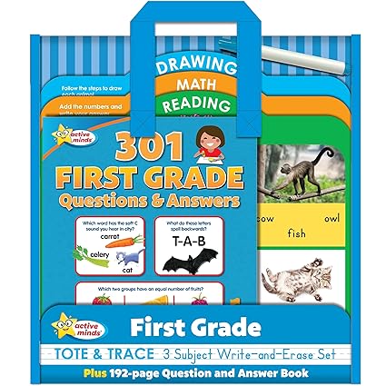 Active Minds - First Grade Tote and Trace - 3 Subject Write-and-Erase Wipe Clean Board Set and 192-Page Question and Answer Workbook - Language Arts, ... and More! (Active Minds Tote and Trace) Board book