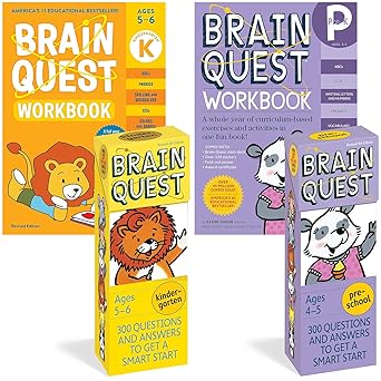 Brain Quest 4-Book & Cards Set (Brain Quest Workbook: Kindergarten, Brain Quest Workbook: Pre-K, Brain Quest Kindergarten Q&A Cards, Brain Quest Preschool Q&A Cards) Paperback Children's Books Happier Every chapter